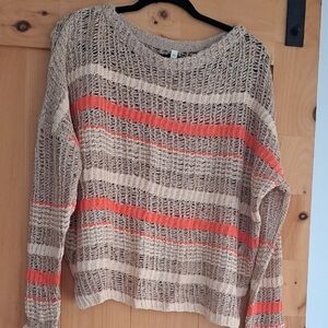 Wishlist Heather Grey Crew Neck Sweater with Coral Stripes